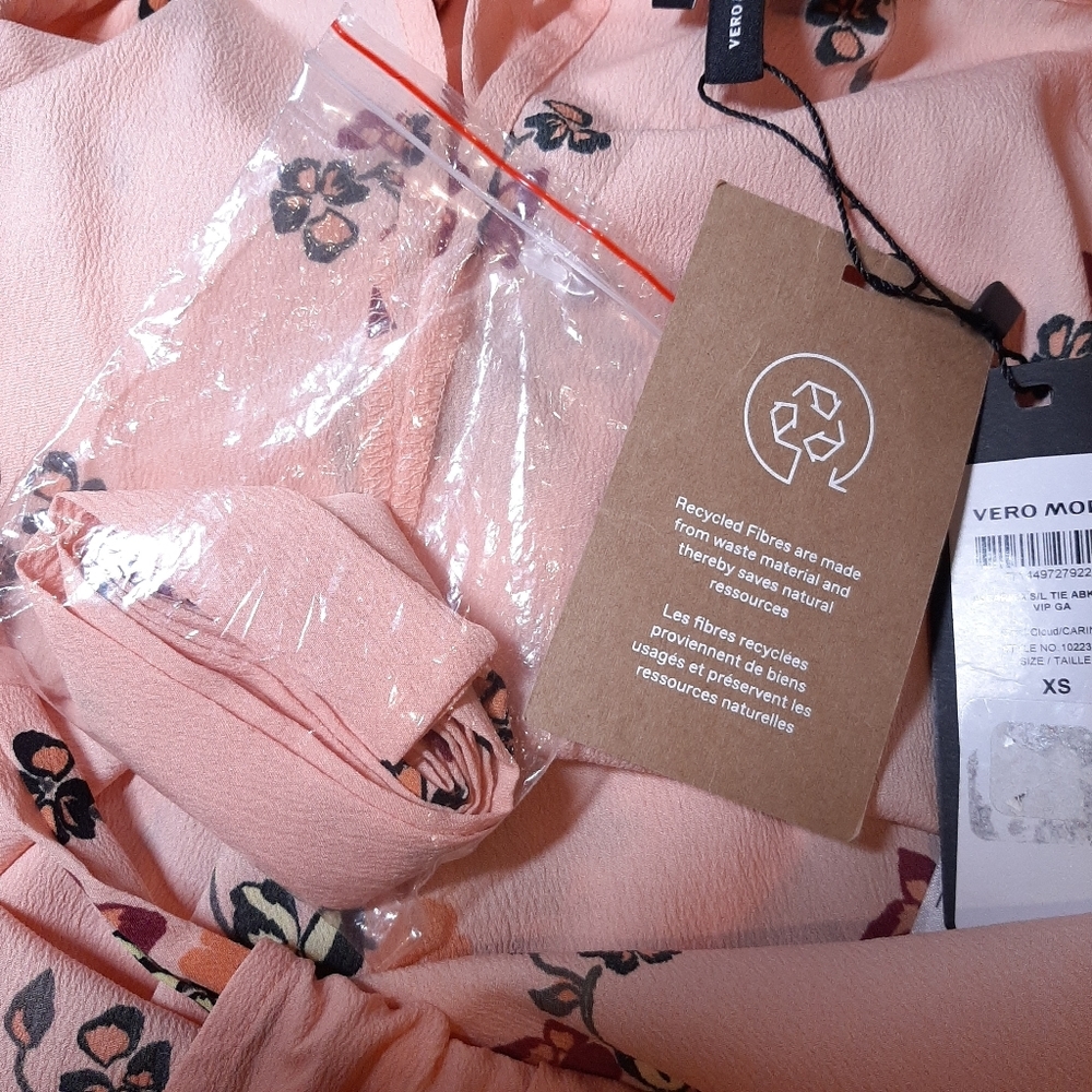 NEW Vero Moda Floral Tie Halter Dress Belted Pink Shift Ruffle Flounce Size XS - Picture 11 of 14